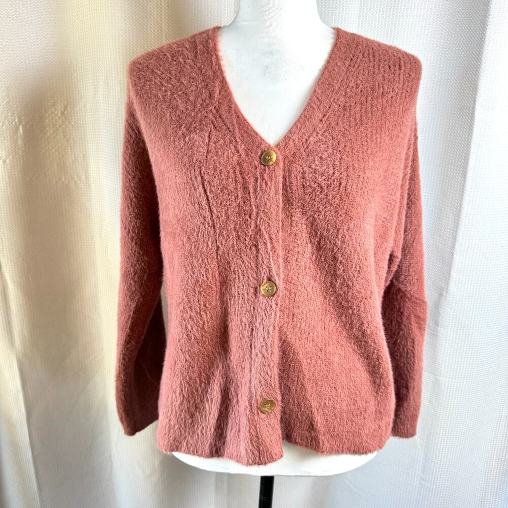The Commons Cozy Soft Fuzzy Womens Large Rust Button Up Cardigan Sweater in EUC